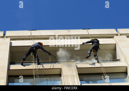 Seilzugang, Abseilen, Fensterreinigung für schwer zugängliche Glas- und Steinarbeiten. Männer, die in der Höhe mit Seilen arbeiten. Person. 10 Frühlingsgärten Stockfoto