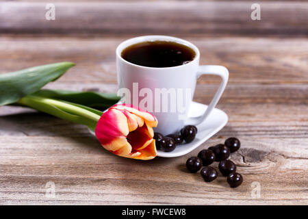 Einzelne Tulpe vor einer Tasse Kaffee und dunkler Schokolade auf rustikalen Holz. Selektiven Fokus am vorderen Teil der Blume. Stockfoto