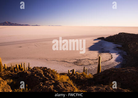 Weitwinkel-Blick auf die Uyuni Salz flach, unter das wichtigste Reiseziel in Bolivien. Schuss getroffen bei Sonnenaufgang aus dem s Stockfoto