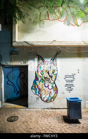 Katze-Graffiti in der Mohiliver Straße in der Stadt Tel Aviv, Israel Stockfoto