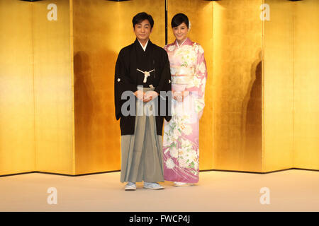 Ainosuke Kataoka und Norika Fujiwara, 31. März 2016: japanische Schauspielerin Norika Fujiwara und japanischen Kabuki-Schauspieler Ainoske Kataoka eine Hochzeit Ankündigung Pressekonferenz in Tokio am 31. März 2016 statt. © AFLO/Alamy Live-Nachrichten Stockfoto