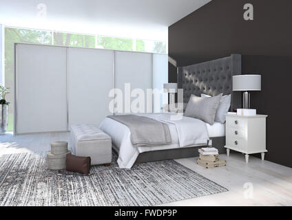 komfortables Schlafzimmer mit schönen Dekoration. 3D-Rendering Stockfoto