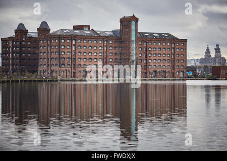 Westen schweben Merseyside Liverpool Docks gebaut Birkenhead aus Duke Street Brücke Lager Becken große Ziegel Mais Lager, Eas Stockfoto