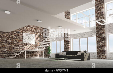 Loft Wohnung Wohnzimmer mit Sofa innen 3D-Rendering Stockfoto