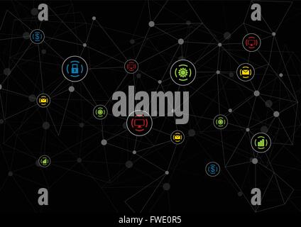 Kommunikation-Symbole auf schwarzem abstrakten Hintergrund. Vektor-dunkle Netz-Design. Bunte Teamarbeit Symbole Stock Vektor