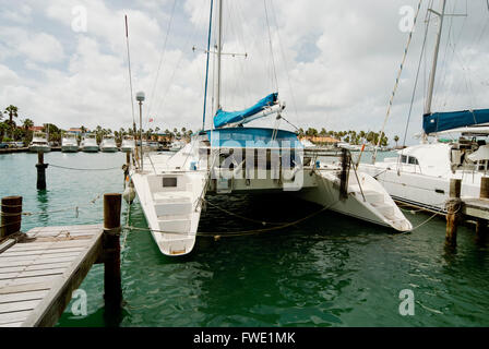 Katamarane vertäut im Hafen von Oranjestad, Aruba-Insel Stockfoto