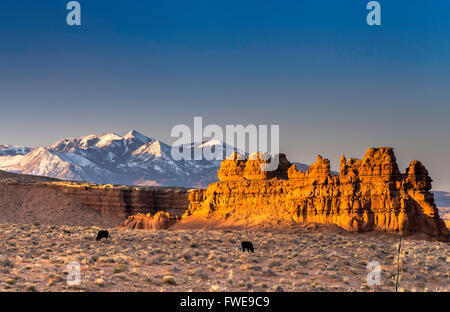 Sandsteinfelsen in der Nähe von Goblin Valley, Henry Mountains in Ferne, bei Sonnenaufgang, Colorado-Plateau, in der Nähe von Hanksville, Utah, USA Stockfoto