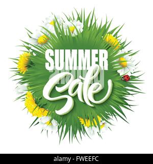 Summer-Sale Schriftzug Hintergrund mit Sommer grünen Rasen und Blumen. Vektor-illustration Stock Vektor