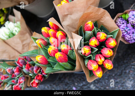 Frisch geschnittene Tulpen und andere Blumensträuße auf den Einzelhandel anzeigen Stockfoto