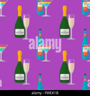 Vektor-farbige flache Design Champagner Spirituosen Flaschen Cocktailgläser Musterdesign auf violettem Hintergrund Stock Vektor