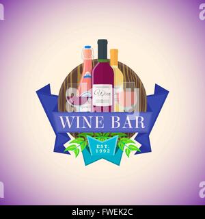 Vektor bunte flache Weinbar Zeichen Entwurfsvorlage mit rose glitzernden, weißen und roten Wein in Flaschen und verschiedene Gläser auf Holz t Stock Vektor