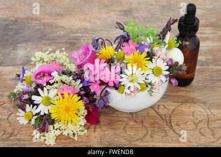 Natürliche pflanzliche Arzneimittel mit Blumen- und Kräutergarten Auswahl in einem Mörser und Stößel mit Tropfflasche. Stockfoto