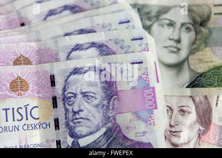 Tschechische Banknoten, tschechisches Papiergeld tschechische Währung Stockfoto