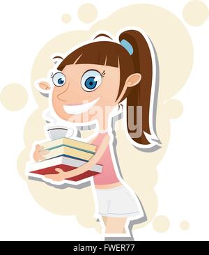 Vektor-Illustration Comic-schöne Mädchen halten Bücher und Kaffeetasse. Stock Vektor