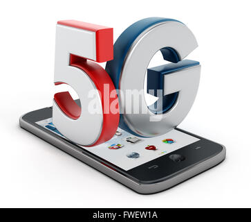 5G Text auf Smartphone isoliert auf weißem Hintergrund Stockfoto