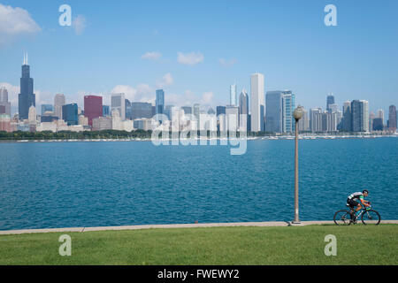 Skyline von Chicago aus dem Planetarium, Lake Michigan, Illinois, Vereinigte Staaten von Amerika, Nordamerika Stockfoto