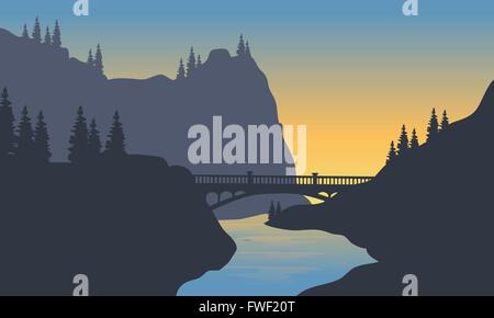 Silhouette von Fluss und Brücke Stock Vektor