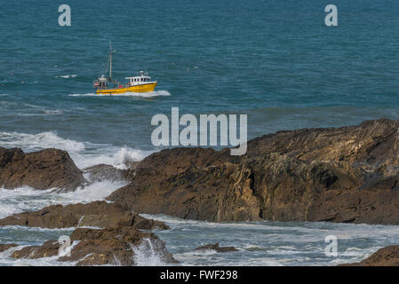 Die kleinen Fischerboot drei Eichelhäher rundet eine landspitze in Newquay. Stockfoto