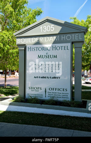 Boulder Dam Hotel und Museum unterzeichnen in Boulder City, Nevada Stockfoto