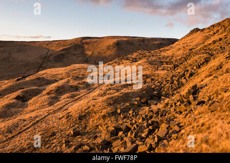 Am Abend Sonnenlicht auf einem felsigen Hang oberhalb Glossop in Derbyshire, Nordengland. Stockfoto