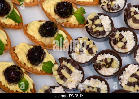 Vanille Cupcakes mit Himbeeren obendrauf und ein weiteres mit Vanille und Schokolade Stockfoto