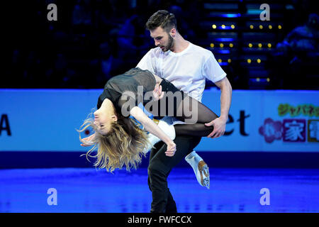 Sonntag, 3. April 2016: Gabriella Papadakis und Guillaume Cizeron (FRA) durchführen, bei der International Skating Union Champions Weltausstellung, statt im TD Garden, in Boston, Massachusetts.Eric Canha/CSM Stockfoto