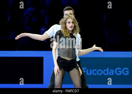 Sonntag, 3. April 2016: Gabriella Papadakis und Guillaume Cizeron (FRA) durchführen, bei der International Skating Union Champions Weltausstellung, statt im TD Garden, in Boston, Massachusetts.Eric Canha/CSM Stockfoto