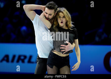 Sonntag, 3. April 2016: Gabriella Papadakis und Guillaume Cizeron (FRA) durchführen, bei der International Skating Union Champions Weltausstellung, statt im TD Garden, in Boston, Massachusetts.Eric Canha/CSM Stockfoto