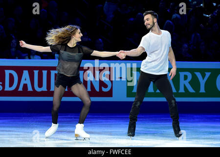 Sonntag, 3. April 2016: Gabriella Papadakis und Guillaume Cizeron (FRA) durchführen, bei der International Skating Union Champions Weltausstellung, statt im TD Garden, in Boston, Massachusetts.Eric Canha/CSM Stockfoto