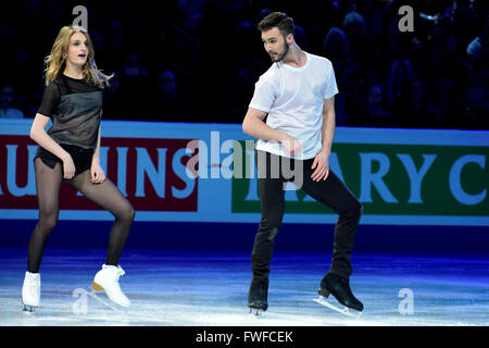 Sonntag, 3. April 2016: Gabriella Papadakis und Guillaume Cizeron (FRA) durchführen, bei der International Skating Union Champions Weltausstellung, statt im TD Garden, in Boston, Massachusetts.Eric Canha/CSM Stockfoto