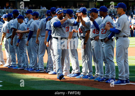 San Diego, CA, USA. 4. April 2016.  PADRES vs. DODGERS. Los Angeles Adrian Gonzalez ist für das Haus Eröffnungsspiel Padres Petco Park vorgestellt. Bildnachweis: ZUMA Press Inc/Alamy Live-Nachrichten Stockfoto