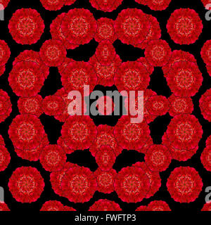 Digitale Collage-Technik stilisierte florale nahtlose Muster Karomuster in roten Farben auf schwarzem Hintergrund. Stockfoto
