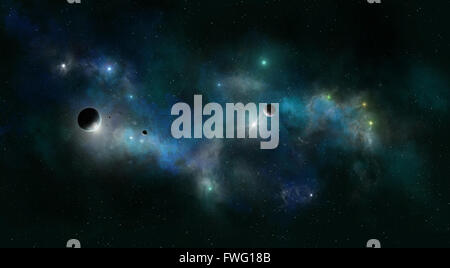 imaginäre Weltraum Nebel Hintergrund mit Planeten und Sternen Stockfoto