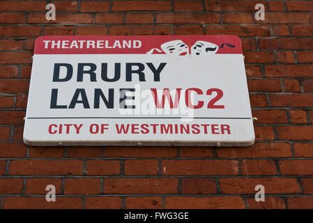 Drury Lane Beschilderung im Bereich Theatern in London, Vereinigtes Königreich. Stockfoto