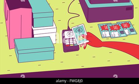 Mobile-Payment. Weibliche Hand hält Handy und Einkäufe zahlt. Thema anzeigen-Perspektive. Weitwinkel. Stock Vektor