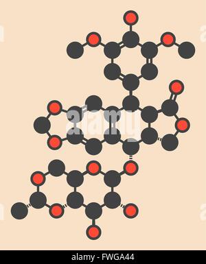 Etoposid Krebs Chemotherapie Medikamentenmolekül, das stilisierte Skelettformel (chemische Struktur) Atome als dargestellt sind farblich gekennzeichnet Stockfoto