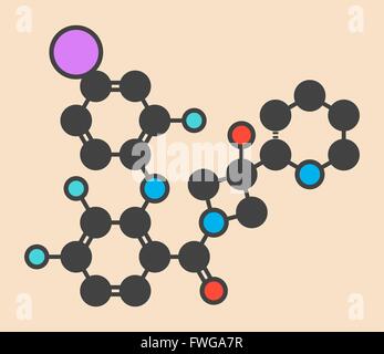 Cobimetinib Melanom Wirkstoffmolekül stilisierte Skelettformel (chemische Struktur) sind Atome als farbcodierte Kreise dargestellt: Stockfoto