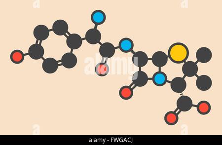 Farbcodiert, Amoxicillin Beta-Lactam-Antibiotika Wirkstoffmolekül stilisierte Skelettformel (chemische Struktur) Atome sind dargestellt als Stockfoto