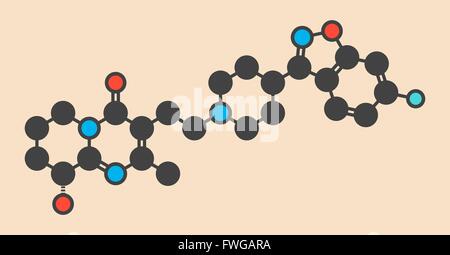 Paliperidon (9-Hydroxyrisperidone) antipsychotischen Wirkstoffmolekül stilisierte Skelettformel (chemische Struktur) sind Atome gezeigt. Stockfoto