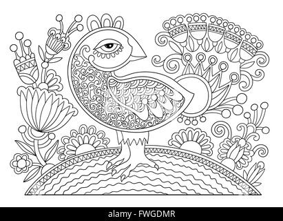 Strichzeichnung Seite coloring Book Vogel und Blume Stock Vektor