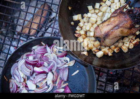 Eine Grillparty im Freien, zwei Bratpfannen mit Gemüse und einem kleinen Spiel Vogel. Stockfoto