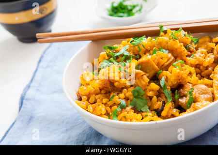 Biryani mit Ess-Stäbchen in Schale gebraten Huhn mit Reis Stockfoto