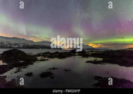 Northern Lights auf die eisige Landschaft von Svensby, Lyngen Alpen, Troms, Lappland, Norwegen, Skandinavien, Europa Stockfoto