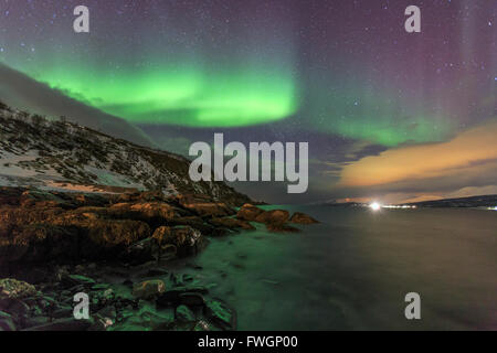 Northern Lights auf der eisigen Meer Svensby, Lyngen Alpen, Troms, Lappland, Norwegen, Skandinavien, Europa Stockfoto