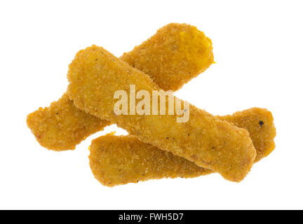 Draufsicht der drei Essen aus der Mikrowelle Huhn Finger isoliert auf einem weißen Hintergrund. Stockfoto