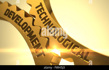 Technologische Entwicklung auf goldene Zahnräder. Stockfoto