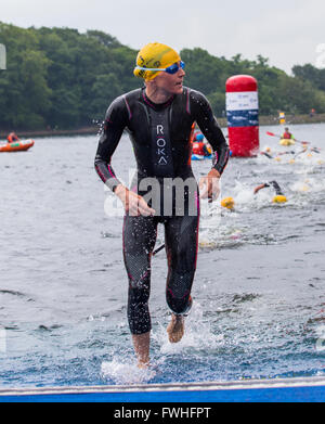 Leeds, UK. 12. Juni 2016. Gwen Jorgensen Abschluss die ersten 2 Runden im Freiwasser Schwimmen im Roundhay Park in Leeds. Bildnachweis: James Copeland/Alamy Live-Nachrichten Stockfoto