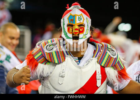 Foxborough, USA. 12. Juni 2016. Ein Fan von Peru feiert nach der Copa America Centenario-Fußball-Turnier-Spiel zwischen Peru und Brasilien in Foxborough, Massachusetts in den Vereinigten Staaten am 12. Juni 2016. Peru gewann 1: 0. Bildnachweis: Li Muzi/Xinhua/Alamy Live-Nachrichten Stockfoto