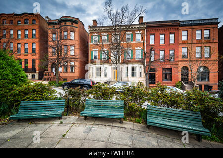 Bänke im Park Avenue Median Park und Reihenhäuser in Bolton Hill, Baltimore, Maryland. Stockfoto