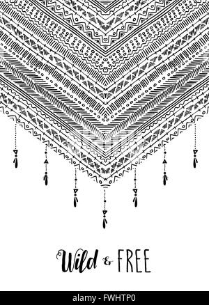 Boho wild und frei Text Zitat Poster mit tribal inspiriert Streifen, schwarz / weiß-Design und Dekoration-Elemente. EPS10 Vektor. Stock Vektor